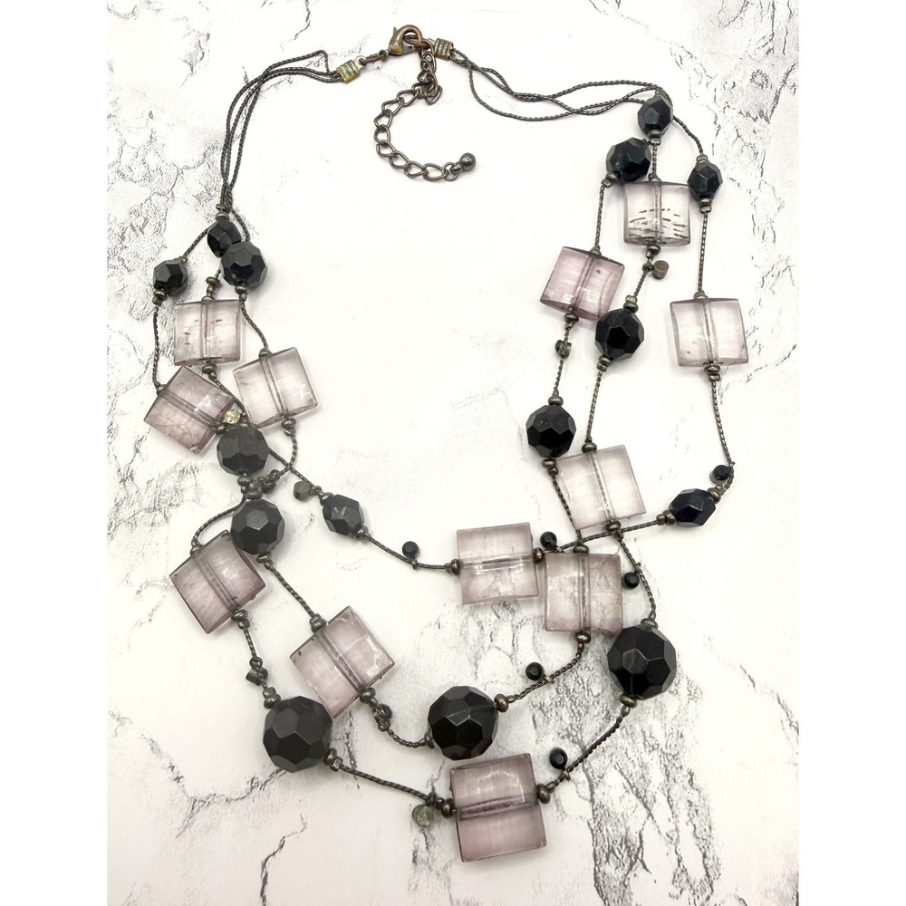 Triple Strand‎ Lavender Bead Necklace Black Faceted Beads Layered Chain